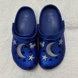 CROCS Blue Glitter Mules with Silver Stars and Moons